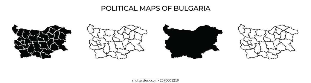 Four distinct political map representations of Bulgaria display varying borders and regions, illustrating the geographical divisions across the country during different contexts.