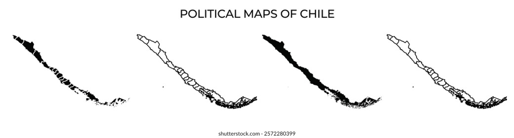 Four distinct political maps of Chile illustrate varying regions and administrative borders. Each map presents unique outlines to emphasize geographic differences across the country.