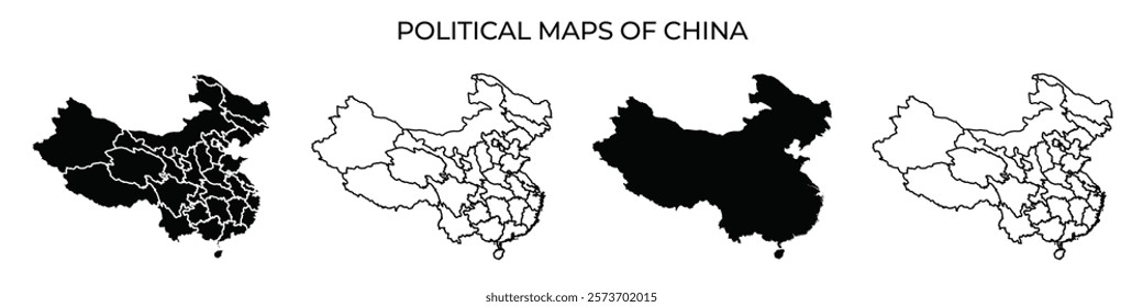 Four distinct political maps of China illustrate various regions and divisions. Each map highlights different features in black and white, showing geographical boundaries clearly.