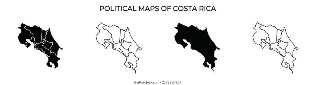 Four distinct political maps of Costa Rica display various regional divisions, highlighting borders and areas in different representations of the country.