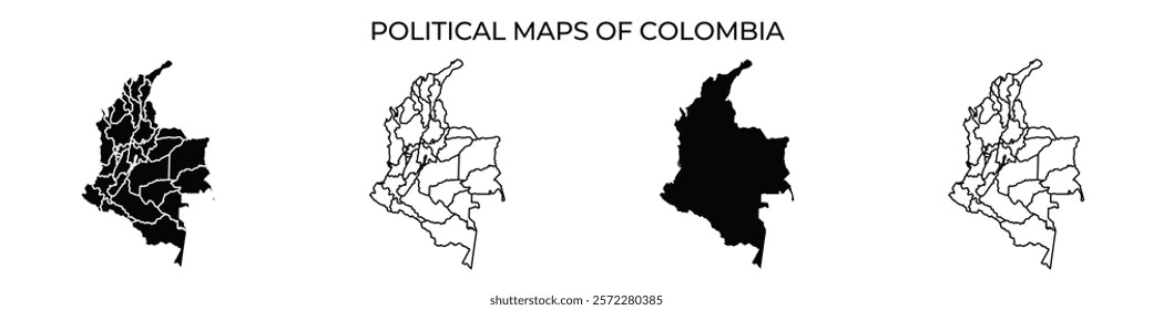 Four distinct political maps display various regions of Colombia. Each map highlights different areas, emphasizing the diversity of administrative divisions in the country.