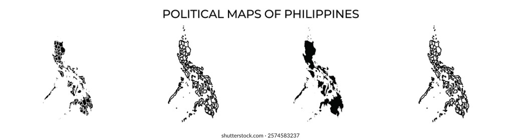 Four distinct political maps display the geographic divisions of the Philippines, showcasing the various regions in a monochrome design during a presentation or educational setting.