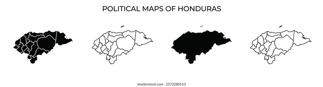 Four distinct political maps illustrate the regions of Honduras, featuring both filled and outline styles. These maps highlight the geographical and political divisions.