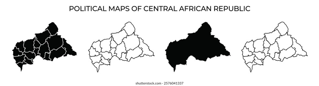 Four distinct political maps illustrate the administrative divisions of the Central African Republic. The maps vary in shading, highlighting different regions and borders clearly.