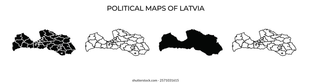 Four distinct political maps of Latvia illustrate various administrative divisions. Each map highlights regions in different shades, emphasizing geographic boundaries clearly.