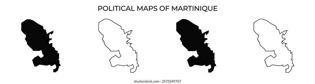 Four distinct political maps of Martinique are displayed, each featuring unique styles for geographic representation. The shapes and boundaries vary with each version.