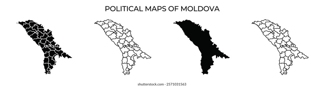 Four distinct political maps of Moldova display its various administrative regions. The maps illustrate different variations with varying shades and outlines.