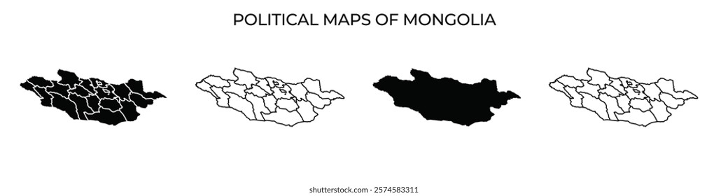 Four distinct political maps of Mongolia showcase different regional outlines and borders. Each map varies in color, providing visual emphasis on administrative divisions.