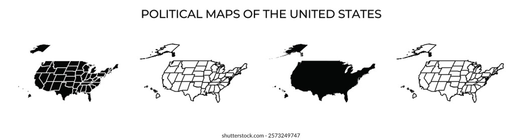 Four distinct political maps of the United States display different states in varied outlines and shading. Each map highlights unique geographic features and boundaries.