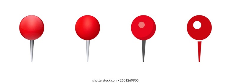 Four distinct red map pins used for marking locations and aiding in navigation tasks.