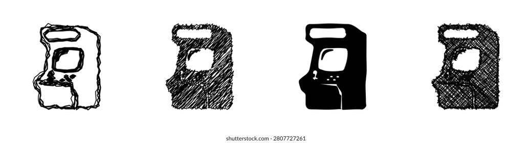 Four distinct representations of classic arcade cabinets showcase different artistic interpretations from sketch to solid silhouette