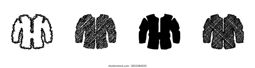 Four distinct representations of a jacket, showcasing different artistic interpretations from sketch to silhouette