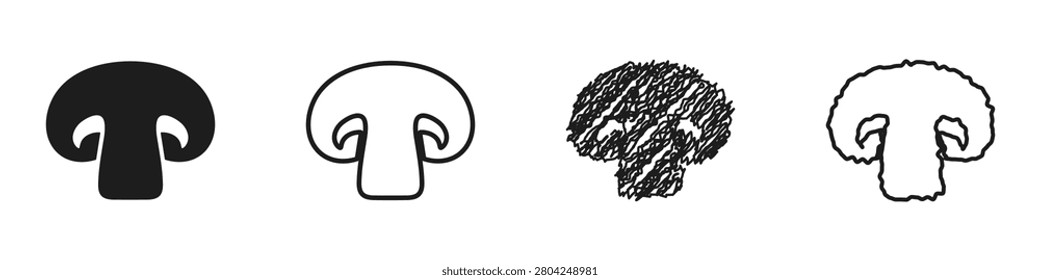 Four distinct representations of a mushroom cap and stem, showcasing solid, outline, sketch, and textured styles