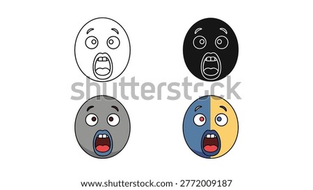 Four distinct representations of a surprised or shocked emoji face, shown in outline, solid black, and colorful styles, conveying astonishment and disbelief with wide eyes and open mouths.