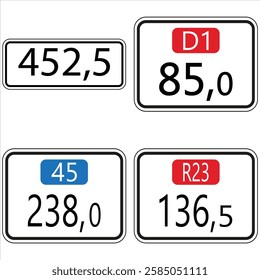 Four distinct road signs indicating specific points along a route, featuring numerical kilometer markers and route designations.