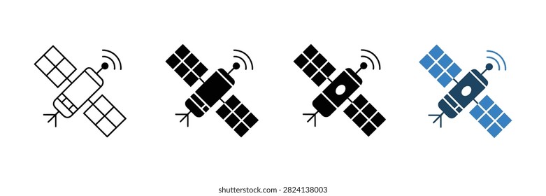 Four distinct satellite icon variations featuring modern vector line art and solid silhouette designs isolated on a white background for professional telecommunication applications or digital communication science graphic user interfaces.