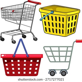Cuatro Carritos de compras y canastas distintos en un estilo de Vector limpio, utilizando contornos llamativos, colores planos y Formas geométricas simples