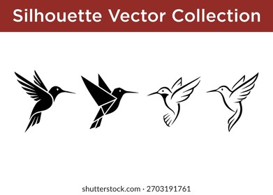 Vier verschiedene Silhouetten-Vektorgrafiken von Kolibris in verschiedenen dynamischen Flugposen.