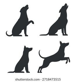 Quatro silhuetas distintas de caninos são apresentadas representando um lobo uivando um cão sentado e duas outras posturas únicas de alta qualidade