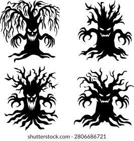 Four distinct silhouettes of gnarled, spooky trees with menacing faces and claw-like branches, perfect for Halloween themes.