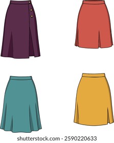 Four distinct skirts in vibrant colors, featuring a mix of designs and lengths, arranged in a visually appealing layout.