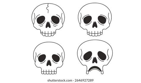 Four Distinct Skulls Each Expressing A Different Emotion With Outline Style For Halloween Designs And Spooky Themes