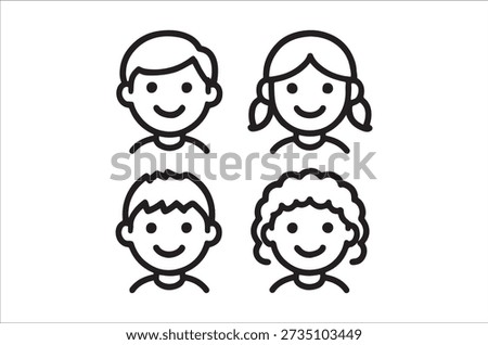 Four distinct, smiling children’s faces rendered as a clean, black and white line drawing.