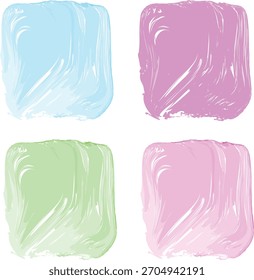 Quatro formas quadradas distintas são preenchidas com traçados de pincel de tinta texturizados em tons pastel de azul, rosa e verde. 