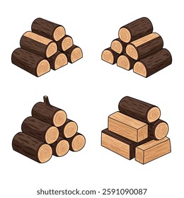 Four distinct stacks of logs arranged creatively, highlighting their natural textures and colors in a minimalistic vector illustration.