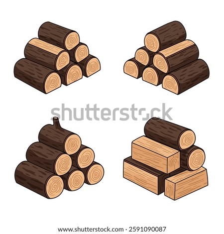 Four distinct stacks of logs arranged creatively, highlighting their natural textures and colors in a minimalistic vector illustration.