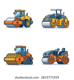 Four distinct styles of construction road rollers including smooth drum, vibratory, and sheep foot rollers in a vector illustration style