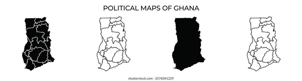 Four distinct styles of political maps showcasing regions in Ghana. Each map emphasizes borders and landmarks, reflecting variations in design and color usage for geographical clarity.