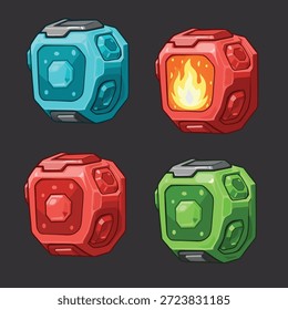 Four distinct, stylized orbs in blue, red, green, and a fiery red, designed for a video game interface.