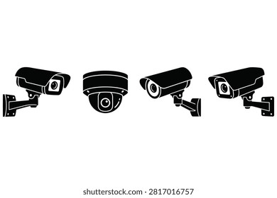 Four distinct surveillance cameras shown with transparent background and various mounting styles