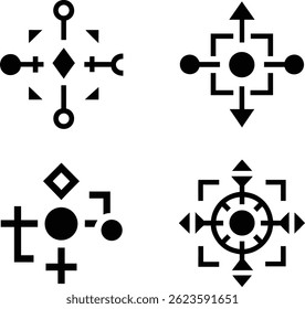Four distinct, symmetrical abstract geometric symbols, ideal for use in design, tattoos, or digital graphics.