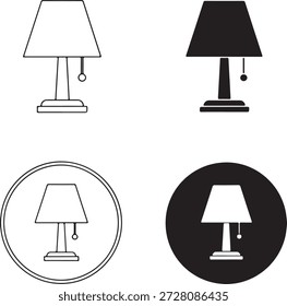 Cuatro iconos distintos de la lámpara de mesa: contorno, silueta y diseños circulares para el concepto de iluminación aislado sobre fondo blanco