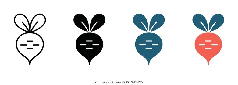 Four distinct turnip vegetable icons featuring minimalist black line art and solid colorful silhouettes arranged in a clean horizontal row