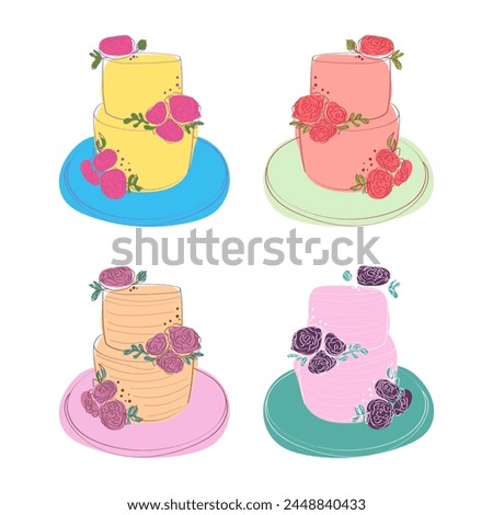 Four distinct types of cakes are displayed on individual plates against a white background. Each cake showcases unique flavors and designs, creating a visually interesting and enticing display