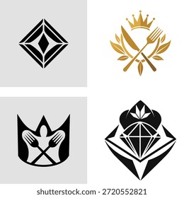 Vier verschiedene Vektorsymbole mit einer Krone, gekreuzten Gabeln und einem Messer, einem stilisierten Kamm mit Besteck und einem diamantförmigen Emblem einzeln auf transparentem Hintergrund