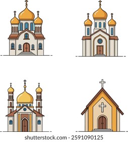 Four distinct vector illustrations depict various church designs with golden domes, intricate details, and crosses, showcasing architectural diversity and spirituality.