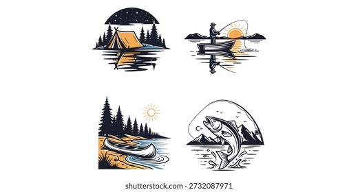 Four distinct vector illustrations depict various outdoor adventure and wilderness activities, including camping by a lake at night with pine trees, a person fishing from a boat at sunrise, a canoe resting on a sandy shore, and a fish leaping from the water against a mountain backdrop