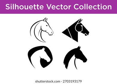 Four distinct vector illustrations of horse heads in silhouette, showcasing various artistic styles.