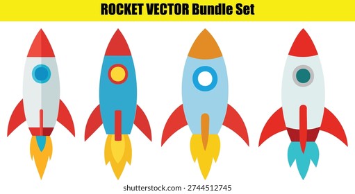 Four distinct vector rockets with stylized flames are displayed sidebyside isolated on a clean white background