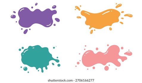 Four distinct, vibrant paint splatters in purple, orange, teal, and pink, with small droplets.