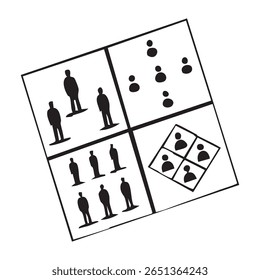 Quatro representações visuais distintas de pessoas e seus arranjos, ilustrando conceitos de agrupamento social, redes e estruturas organizadas em um estilo limpo e gráfico.