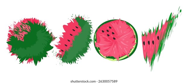 Four distinct watermelon illustrations feature varying textures and colors, highlighting the fruit's natural beauty and appeal. Perfect for summer-themed projects.

