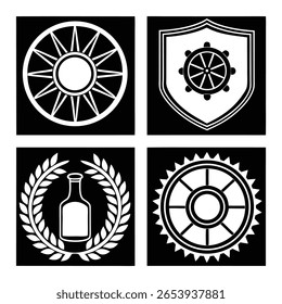 Four distinct white graphic emblems are displayed on a solid black background. The emblems include a sunburst wheel, a shield with a ship's wheel, a bottle within a laurel wreath, and a cogwheel.
