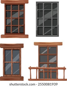 Four distinct window designs with wooden frames