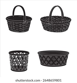 Quatro formas de cesta tecida distintas apresentadas em um estilo gráfico simples preto e branco.