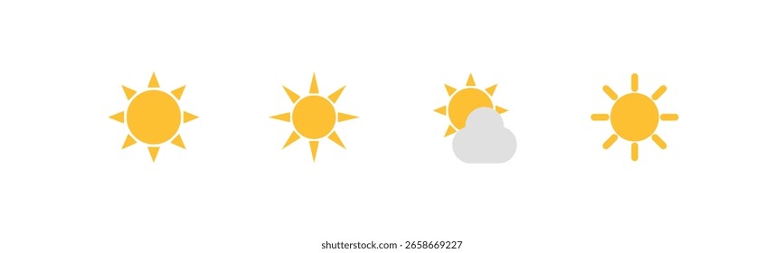 Cuatro iconos amarillos distintos del Clima del sol y de la nube en un fondo blanco arreglado horizontalmente